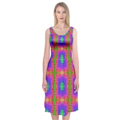 Groovy Purple Green Pink Square Pattern Midi Sleeveless Dress by BrightVibesDesign