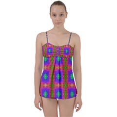 Groovy Purple Green Pink Square Pattern Babydoll Tankini Set by BrightVibesDesign