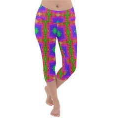 Groovy Purple Green Pink Square Pattern Lightweight Velour Capri Yoga Leggings