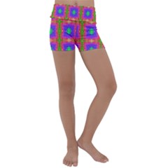 Groovy Purple Green Pink Square Pattern Kids  Lightweight Velour Yoga Shorts by BrightVibesDesign