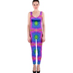 Groovy Pink Blue Yellow Square Pattern One Piece Catsuit by BrightVibesDesign