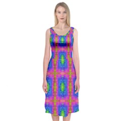 Groovy Pink Blue Yellow Square Pattern Midi Sleeveless Dress by BrightVibesDesign