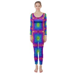 Groovy Blue Pink Yellow Square Pattern Long Sleeve Catsuit by BrightVibesDesign