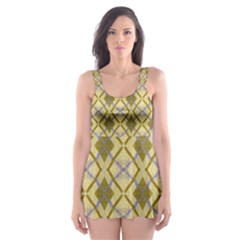 Argyle Large Yellow Pattern Skater Dress Swimsuit by BrightVibesDesign