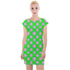 Modern Pink Flowers  On Green Cap Sleeve Bodycon Dress by BrightVibesDesign