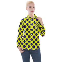 Modern Dark Blue Flowers On Yellow Women s Long Sleeve Pocket Shirt