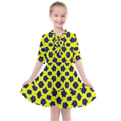 Modern Dark Blue Flowers On Yellow Kids  All Frills Chiffon Dress by BrightVibesDesign