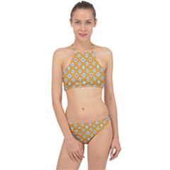 Modern Blue Flowers  On Orange Racer Front Bikini Set by BrightVibesDesign