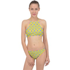 Modern Blue Flowers  On Yellow Racer Front Bikini Set by BrightVibesDesign