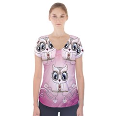 Cute Little Owl With Hearts Short Sleeve Front Detail Top by FantasyWorld7