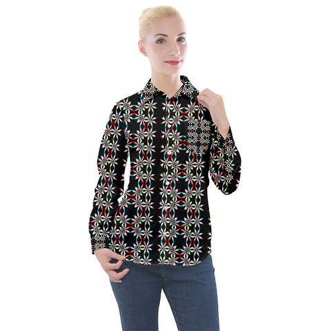 Pattern Black Background Texture Women s Long Sleeve Pocket Shirt by Nexatart