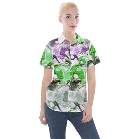 Horse Animal World Green Women s Short Sleeve Pocket Shirt by BangZart