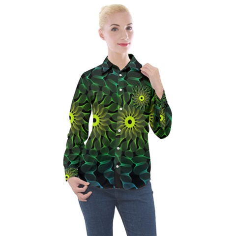 Abstract Ribbon Green Blue Hues Women s Long Sleeve Pocket Shirt by Pakrebo