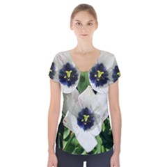 Blue Centered Tulip Short Sleeve Front Detail Top by okhismakingart