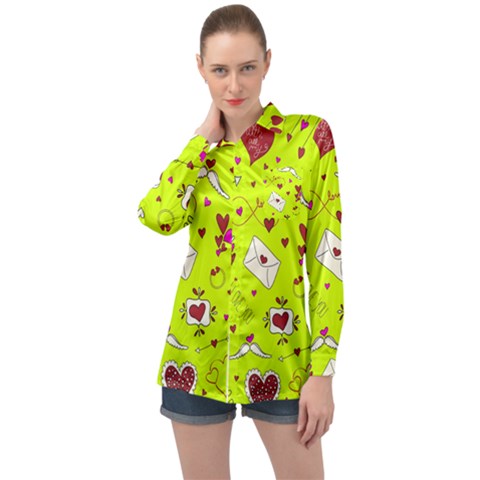 Valentin s Day Love Hearts Pattern Red Pink Green Long Sleeve Satin Shirt by EDDArt