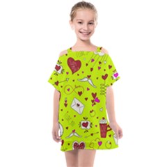 Valentin s Day Love Hearts Pattern Red Pink Green Kids  One Piece Chiffon Dress by EDDArt