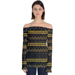 Native American Ornaments Watercolor Pattern Black Gold Off Shoulder Long Sleeve Top by EDDArt