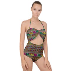 Traditional Africa Border Wallpaper Pattern Colored Scallop Top Cut Out Swimsuit by EDDArt