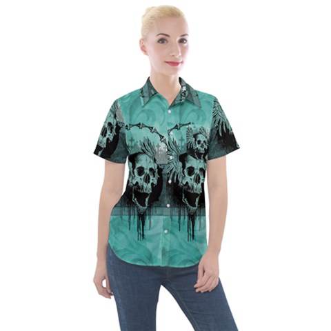 Awesome Skull With Wings Women s Short Sleeve Pocket Shirt by FantasyWorld7