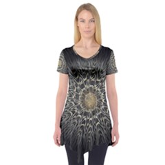 Fractal Mandala Feathers Grey Short Sleeve Tunic  by Pakrebo