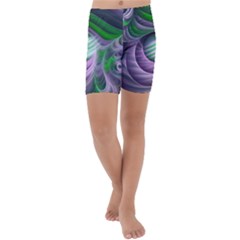 Purple Green Fractal Texture Kids  Lightweight Velour Capri Yoga Leggings by Pakrebo