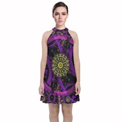 Fractal Neon Rings Geometric Velvet Halter Neckline Dress  by Pakrebo