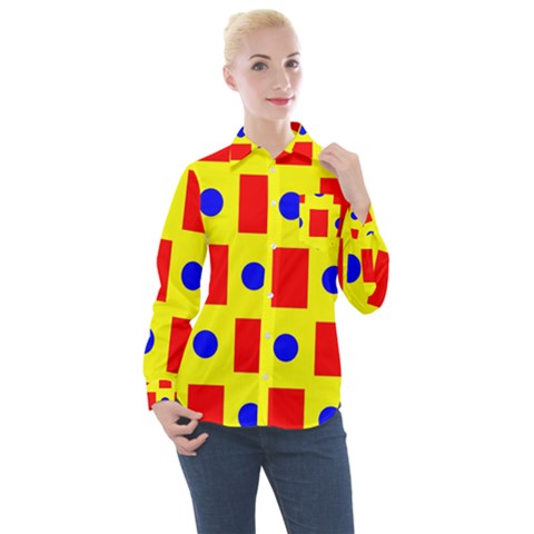 Pattern Design Backdrop Red Blue Yellow Women s Long Sleeve Pocket Shirt by Pakrebo