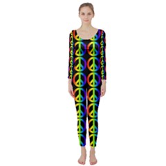 Retro Rainbow Gradient Peace Symbol Long Sleeve Catsuit by Pakrebo