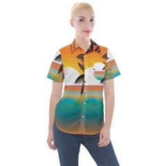 Sunset Beach Beach Palm Ocean Women s Short Sleeve Pocket Shirt