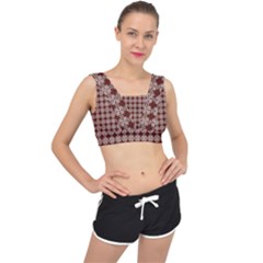 Brown Tiles Leaves Wallpaper V-back Sports Bra by Pakrebo