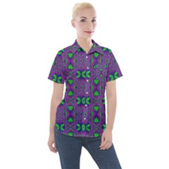 Seamless Wallpaper Pattern Ornament Green Purple Women s Short Sleeve Pocket Shirt