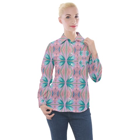 Seamless Wallpaper Pattern Women s Long Sleeve Pocket Shirt by Pakrebo