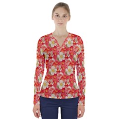 Background Images Floral Pattern Red White V-neck Long Sleeve Top by Pakrebo