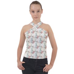 Floral Pattern Scrapbook Decorative Cross Neck Velour Top