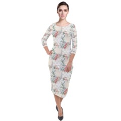 Floral Pattern Scrapbook Decorative Quarter Sleeve Midi Velour Bodycon Dress by Pakrebo