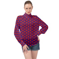 Blue Pattern Texture High Neck Long Sleeve Chiffon Top