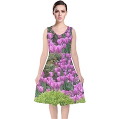 Late April Purple Tulip V-neck Midi Sleeveless Dress  by Riverwoman