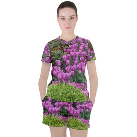 Late April Purple Tulip Women s Tee And Shorts Set by Riverwoman