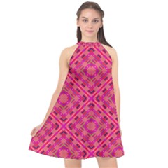 Pink Geometric  Halter Neckline Chiffon Dress  by VeataAtticus