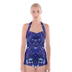 Blue Fractal Lace Tie Dye Boyleg Halter Swimsuit  by KirstenStar