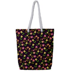 Flowers Roses Brown Full Print Rope Handle Tote (small) by Bajindul