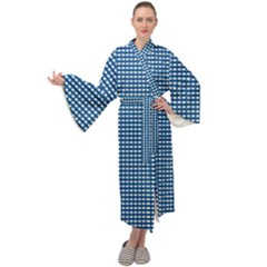 Gingham Plaid Fabric Pattern Blue Maxi Tie Front Velour Kimono by HermanTelo