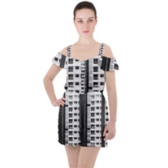 White And Black City Buildings Ruffle Cut Out Chiffon Playsuit by Pakrebo