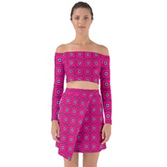 Pink Pattern Squares Off Shoulder Top With Skirt Set