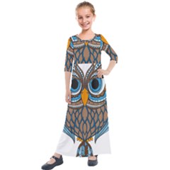 Owl Drawing Art Vintage Clothing Blue Feather Kids  Quarter Sleeve Maxi Dress by Sudhe