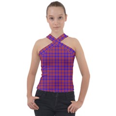 Pattern Plaid Geometric Red Blue Cross Neck Velour Top