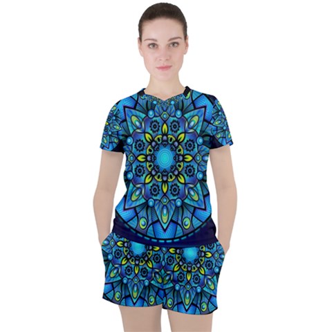 Mandala Blue Abstract Circle Women s Tee And Shorts Set by Simbadda