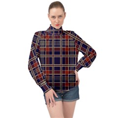 Plaid Tartan Scottish Navy Gold High Neck Long Sleeve Chiffon Top