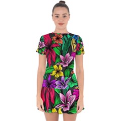 Hibiscus Flower Plant Tropical Drop Hem Mini Chiffon Dress by Simbadda