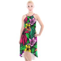 Hibiscus Flower Plant Tropical High-low Halter Chiffon Dress  by Simbadda